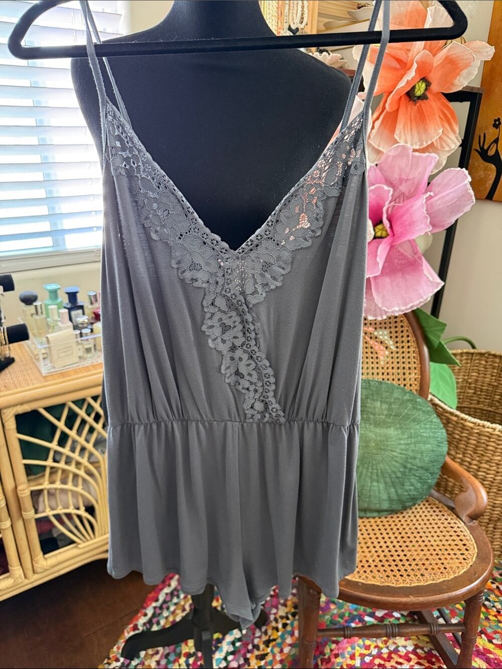 Victoria Secret Adore Me Mariska Slate Gray Femme Lace Sleep Romper